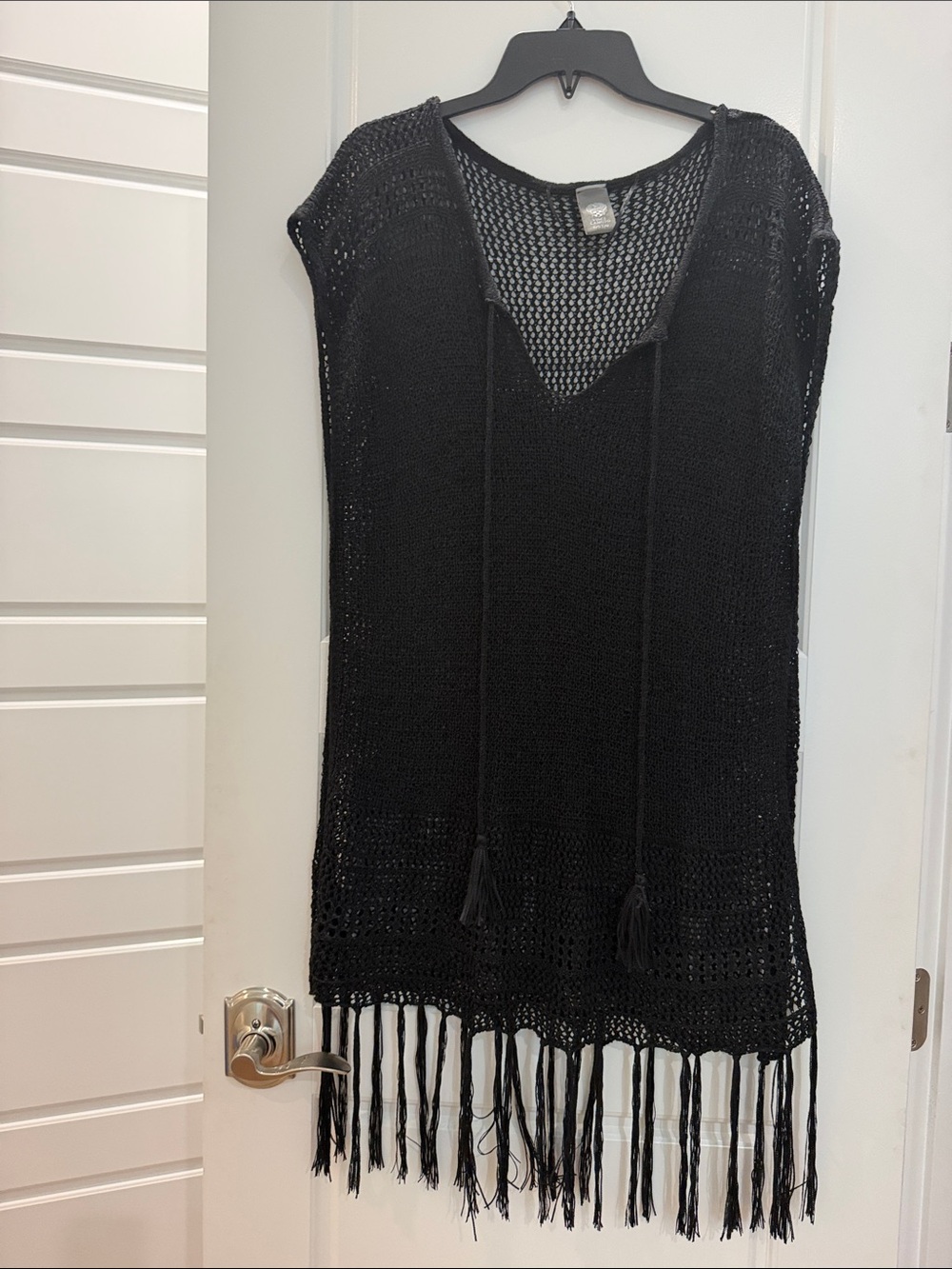 Vince Camuto Women's Black Crocheted Knit Swim Cover-Up Tunic with Fringe